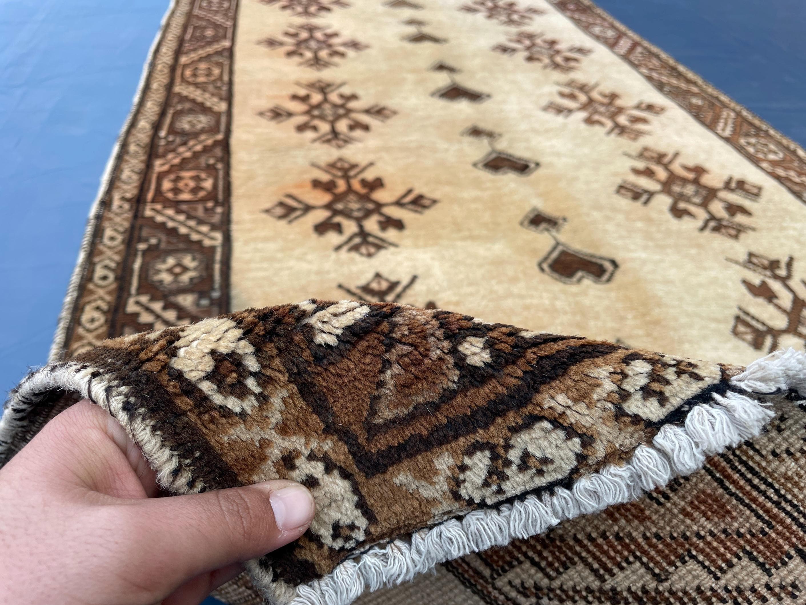 Vintage 3.6x6.4 Hallway Rug – Handwoven Tribal Geometric Runner, Beige Brown Wool Rug, Entryway Carpet