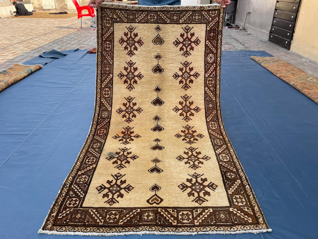Vintage 3.6x6.4 Hallway Rug – Handwoven Tribal Geometric Runner, Beige Brown Wool Rug, Entryway Carpet