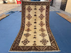 Vintage 3.6x6.4 Hallway Rug – Handwoven Tribal Geometric Runner, Beige Brown Wool Rug, Entryway Carpet