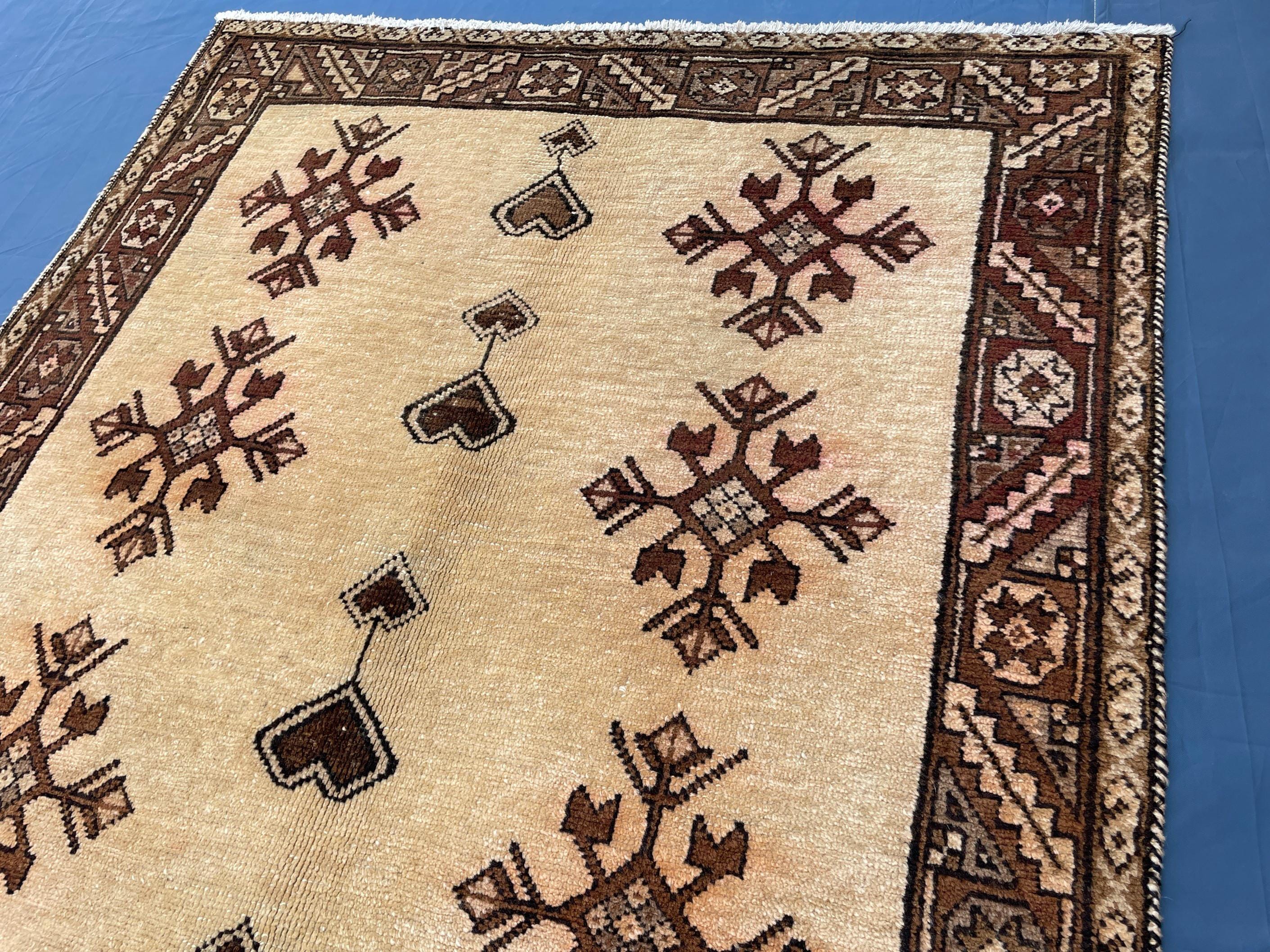 Vintage 3.6x6.4 Hallway Rug – Handwoven Tribal Geometric Runner, Beige Brown Wool Rug, Entryway Carpet