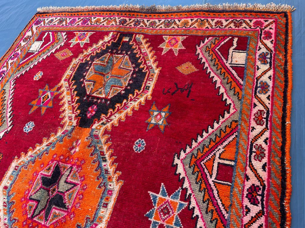 Antique Style Afghan Tribal Rug 4'5x6'10 ft – Handmade Red Geometric Vintage Area Rug
