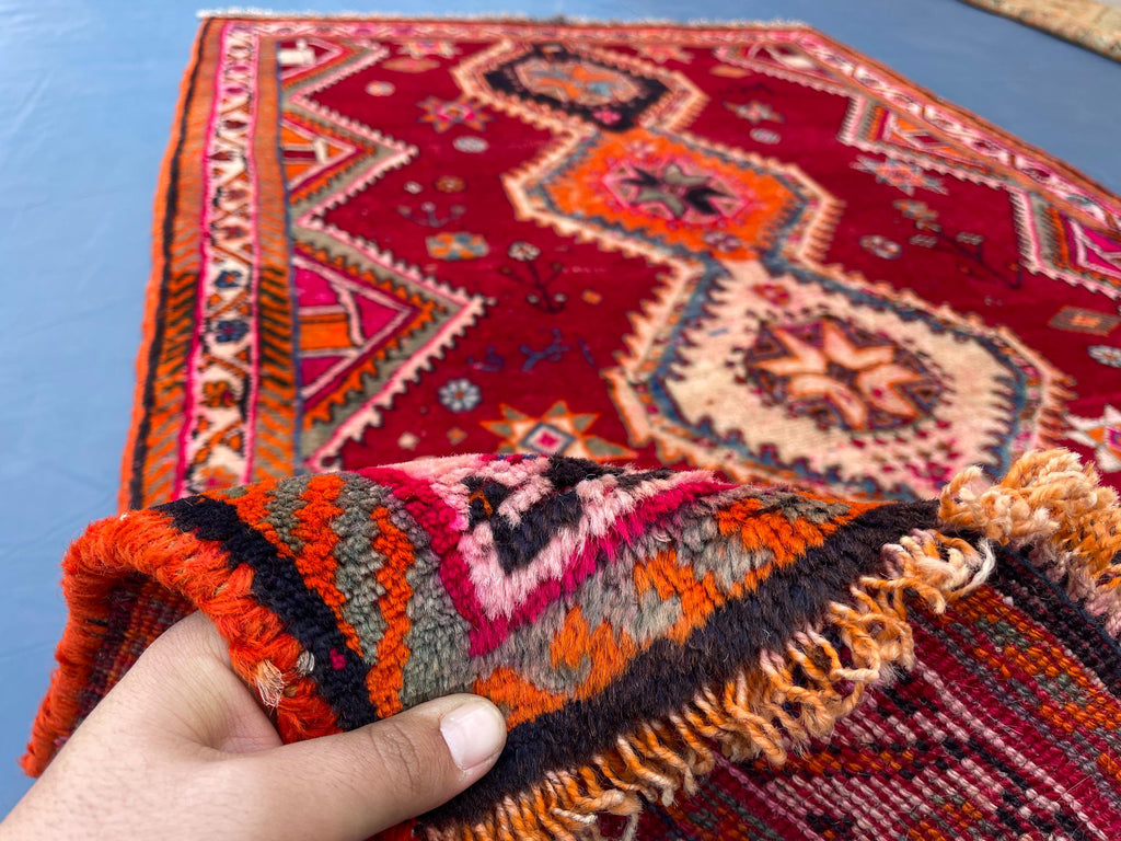 Antique Style Afghan Tribal Rug 4'5x6'10 ft – Handmade Red Geometric Vintage Area Rug