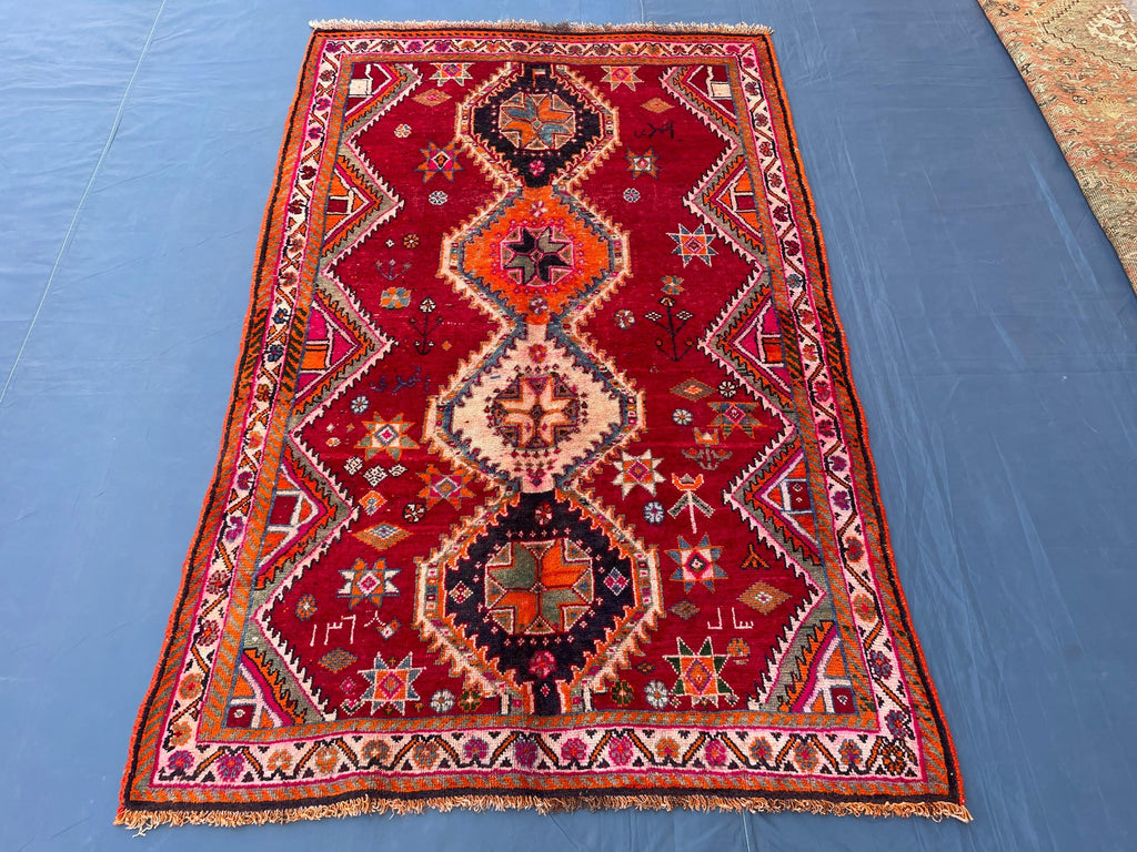 Antique Style Afghan Tribal Rug 4'5x6'10 ft – Handmade Red Geometric Vintage Area Rug
