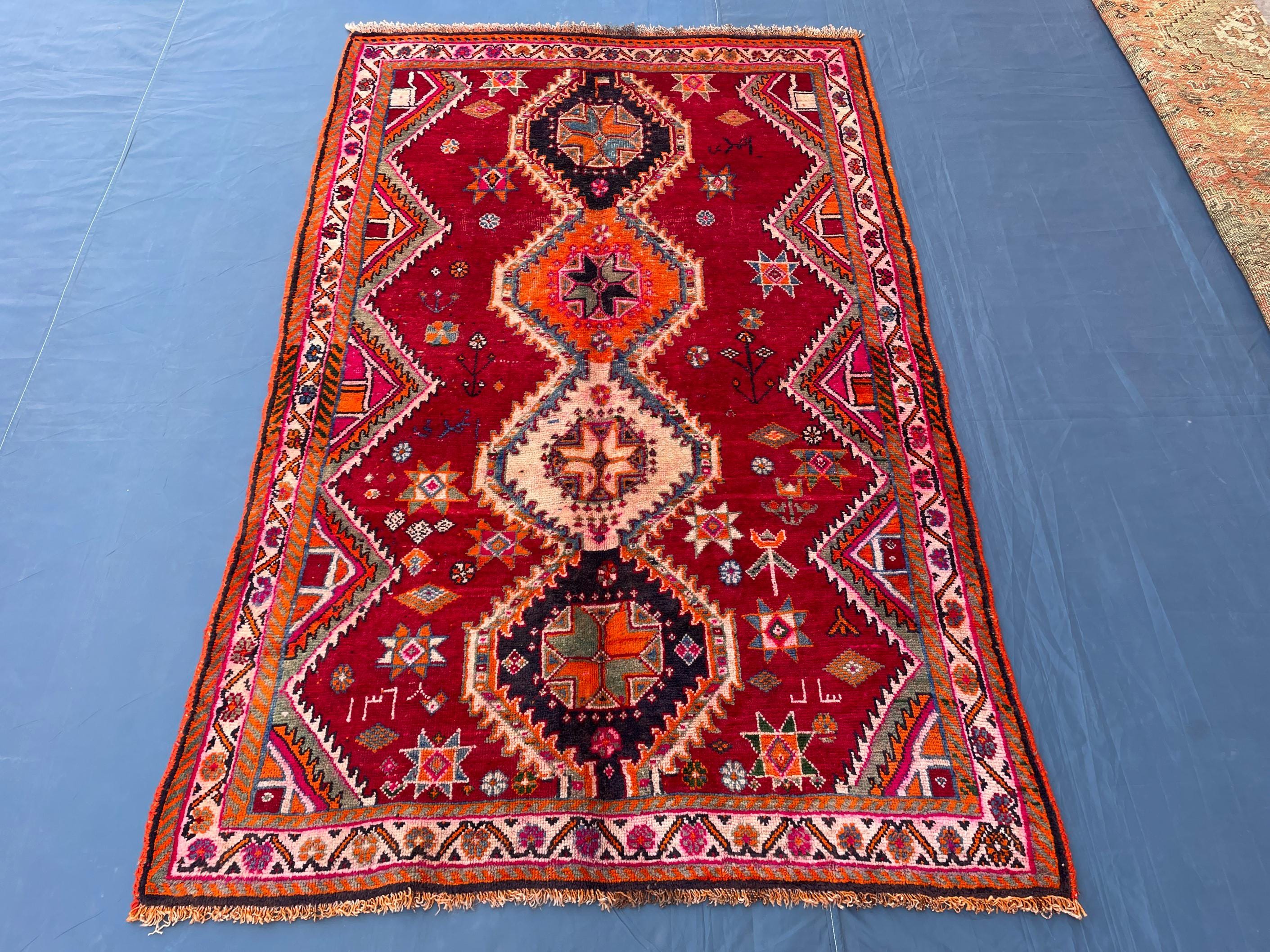 Antique Style Afghan Tribal Rug 4'5x6'10 ft – Handmade Red Geometric Vintage Area Rug