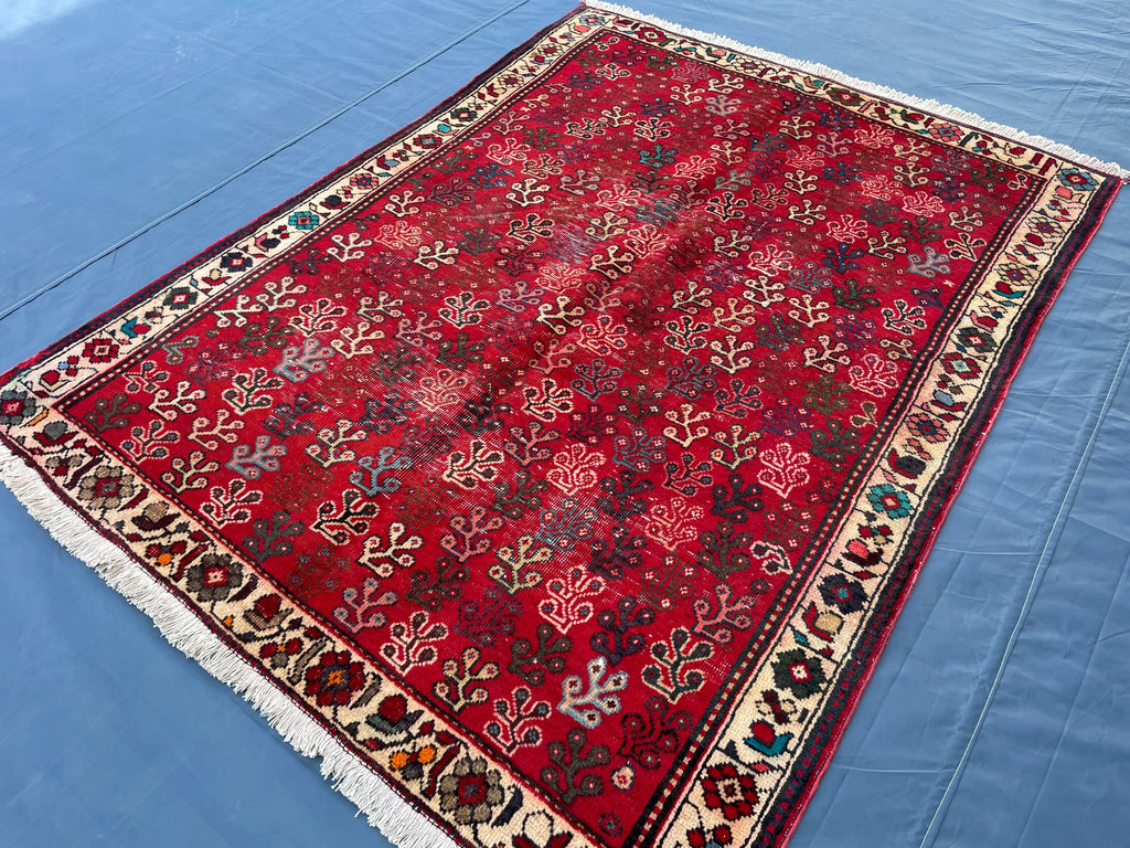 Vintage Handmade Afghan Rug 4x5 – Bold Red Tribal Wool Rug for Entryway or Bedroom