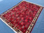 Vintage Handmade Afghan Rug 4x5 – Bold Red Tribal Wool Rug for Entryway or Bedroom