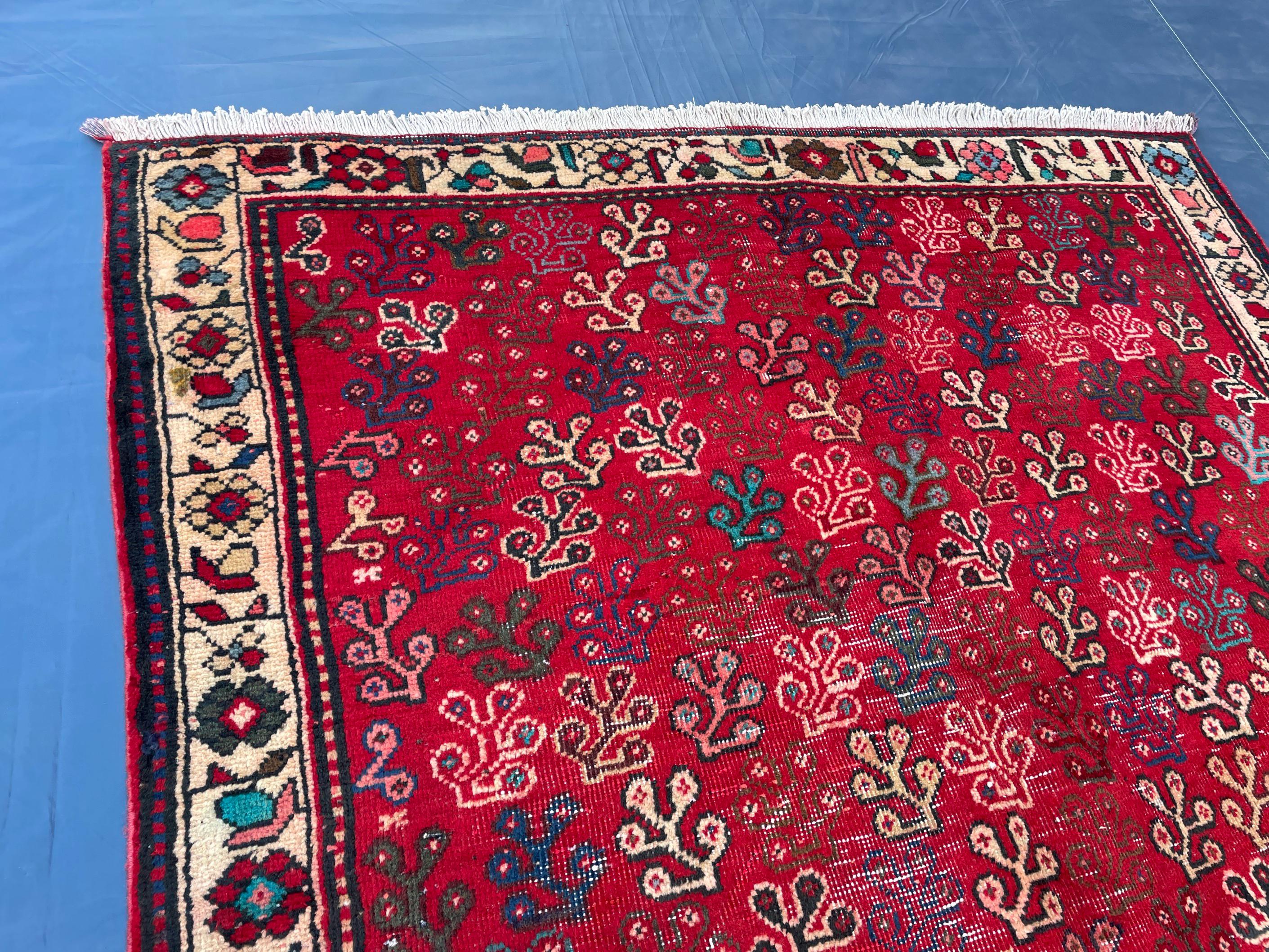 Vintage Handmade Afghan Rug 4x5 – Bold Red Tribal Wool Rug for Entryway or Bedroom