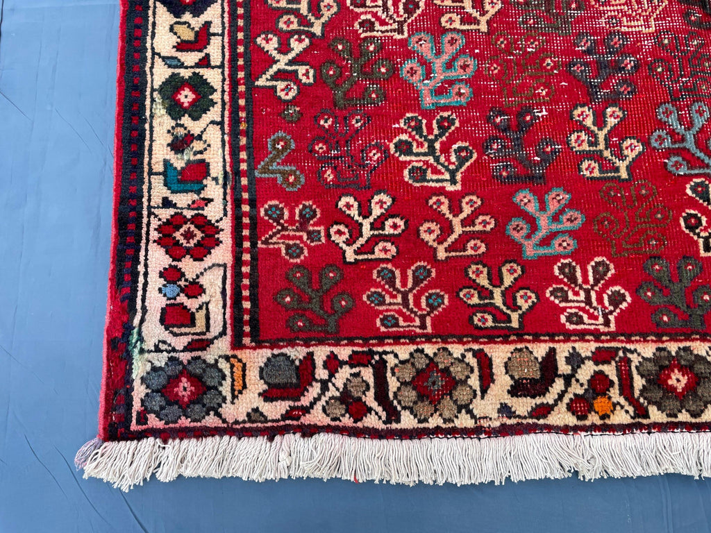 Vintage Handmade Afghan Rug 4x5 – Bold Red Tribal Wool Rug for Entryway or Bedroom