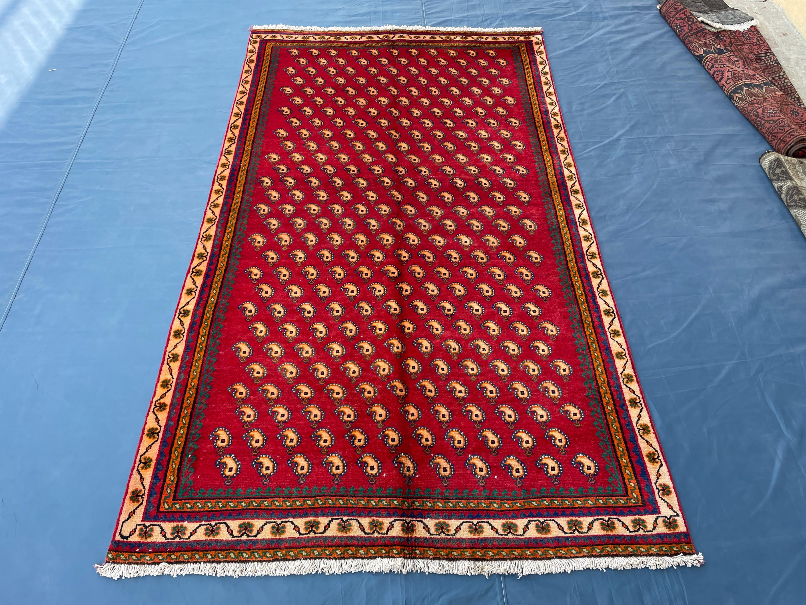 Paisley Design 4'7x8'1 Vintage Rug – Handmade Red Tribal Bokhara Style Wool Area Carpet