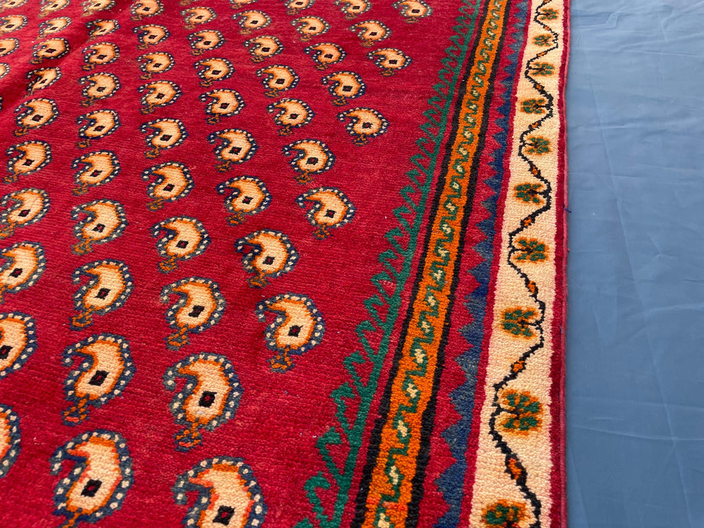Paisley Design 4'7x8'1 Vintage Rug – Handmade Red Tribal Bokhara Style Wool Area Carpet