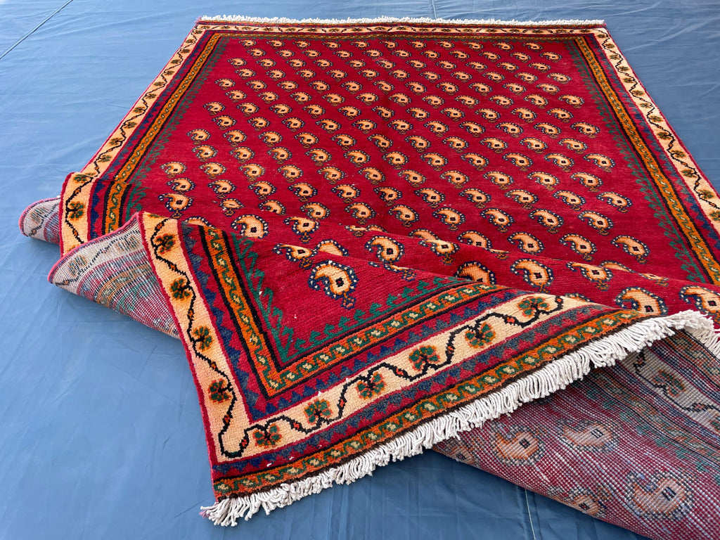 Paisley Design 4'7x8'1 Vintage Rug – Handmade Red Tribal Bokhara Style Wool Area Carpet