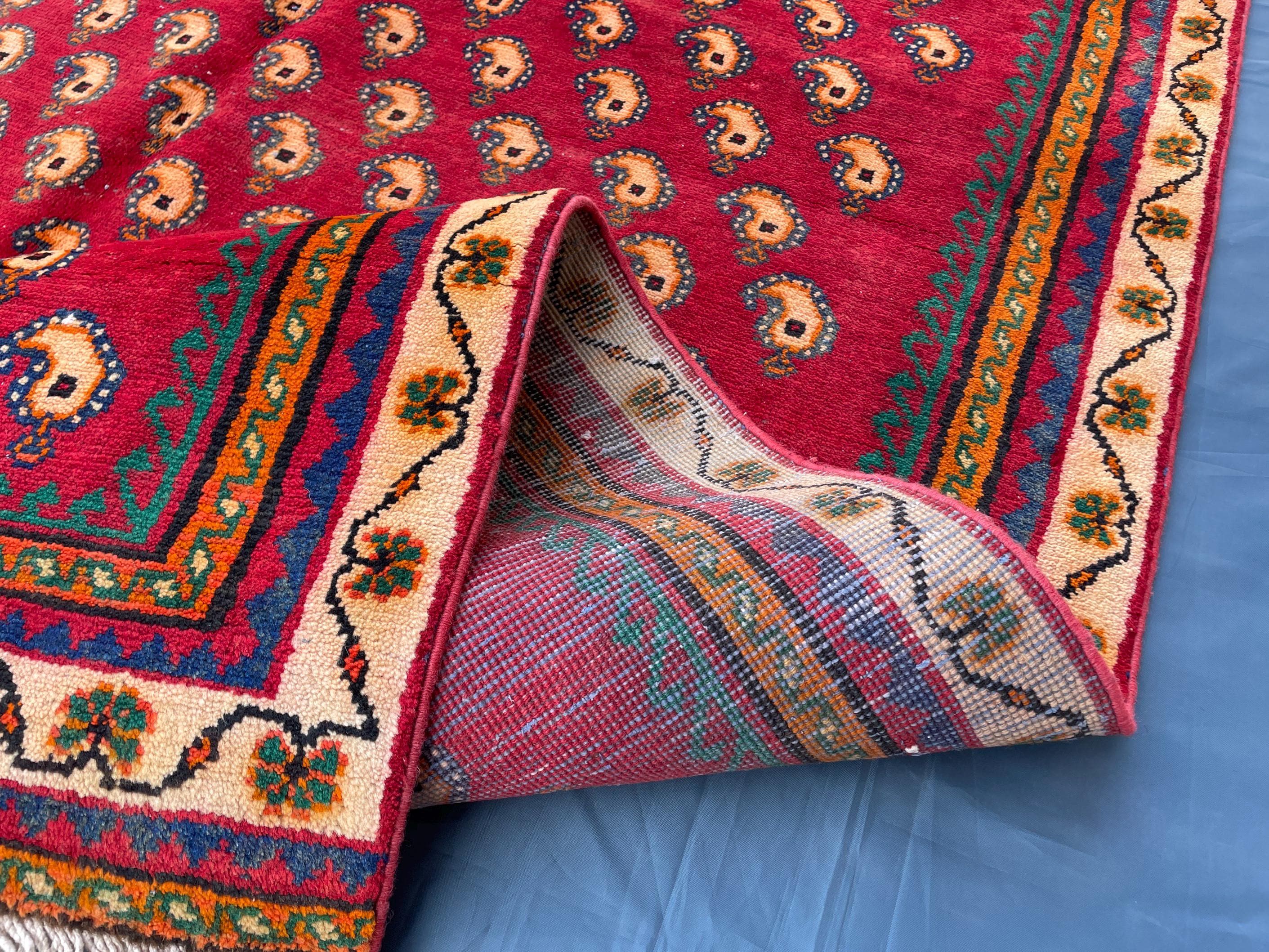 Paisley Design 4'7x8'1 Vintage Rug – Handmade Red Tribal Bokhara Style Wool Area Carpet
