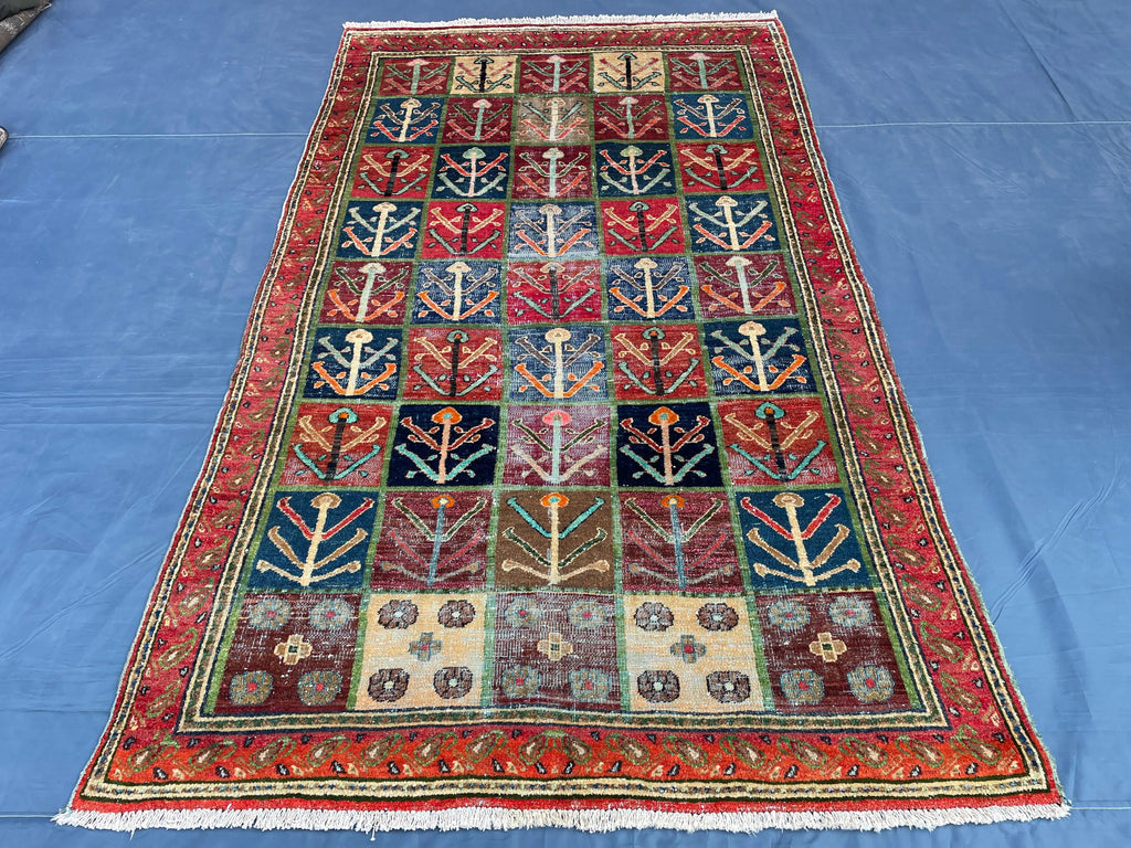 4x6 Caucasian Antique Wool Rug, Handmade Geometric Carpet for Living Room
