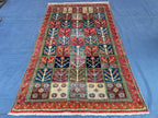 4x6 Caucasian Antique Wool Rug, Handmade Geometric Carpet for Living Room