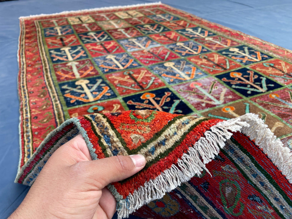 4x6 Caucasian Antique Wool Rug, Handmade Geometric Carpet for Living Room