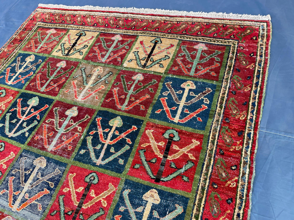 4x6 Caucasian Antique Wool Rug, Handmade Geometric Carpet for Living Room