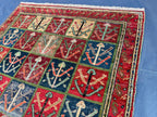 4x6 Caucasian Antique Wool Rug, Handmade Geometric Carpet for Living Room