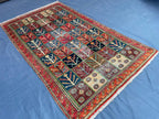 4x6 Caucasian Antique Wool Rug, Handmade Geometric Carpet for Living Room