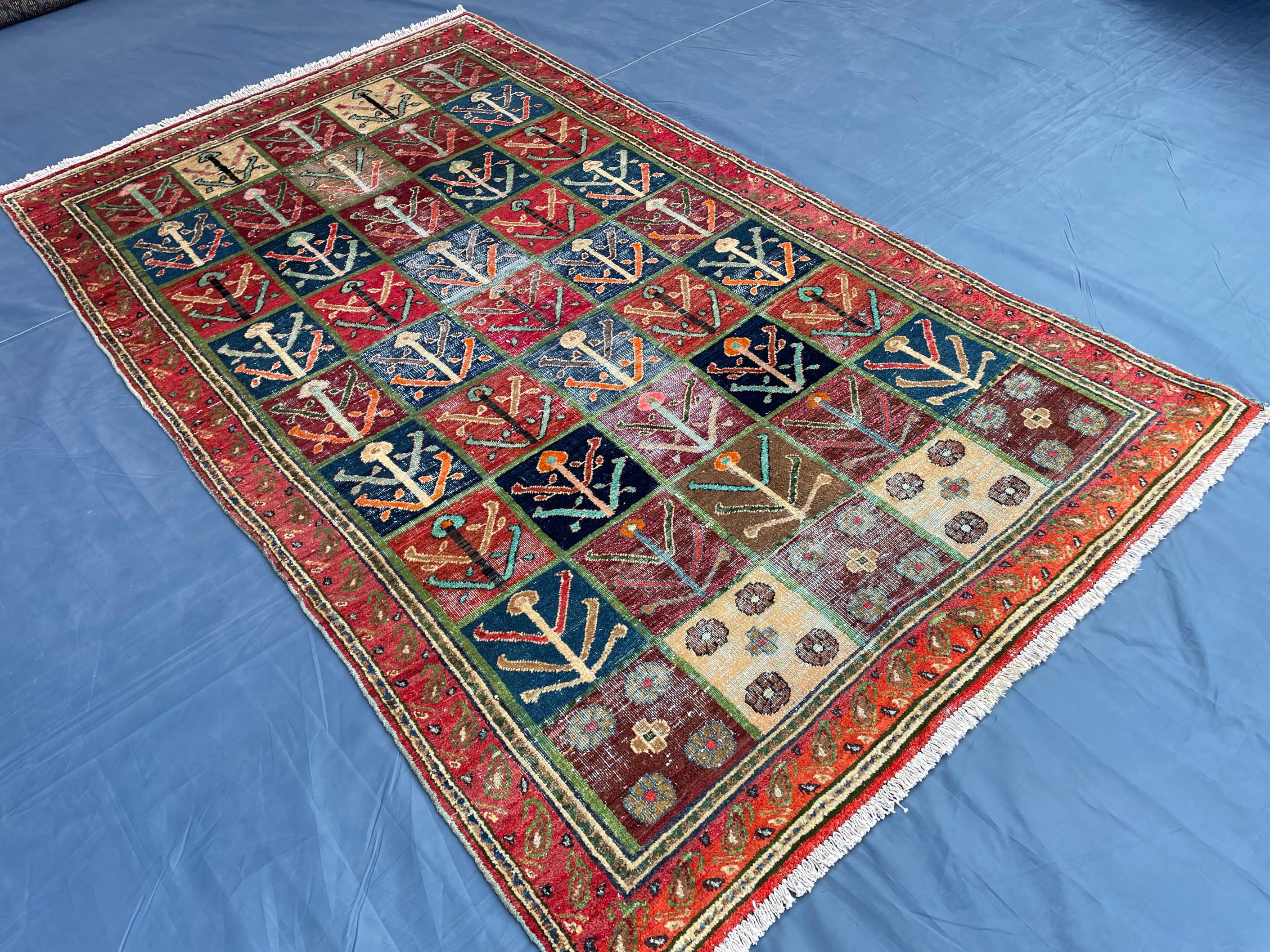 4x6 Caucasian Antique Wool Rug, Handmade Geometric Carpet for Living Room