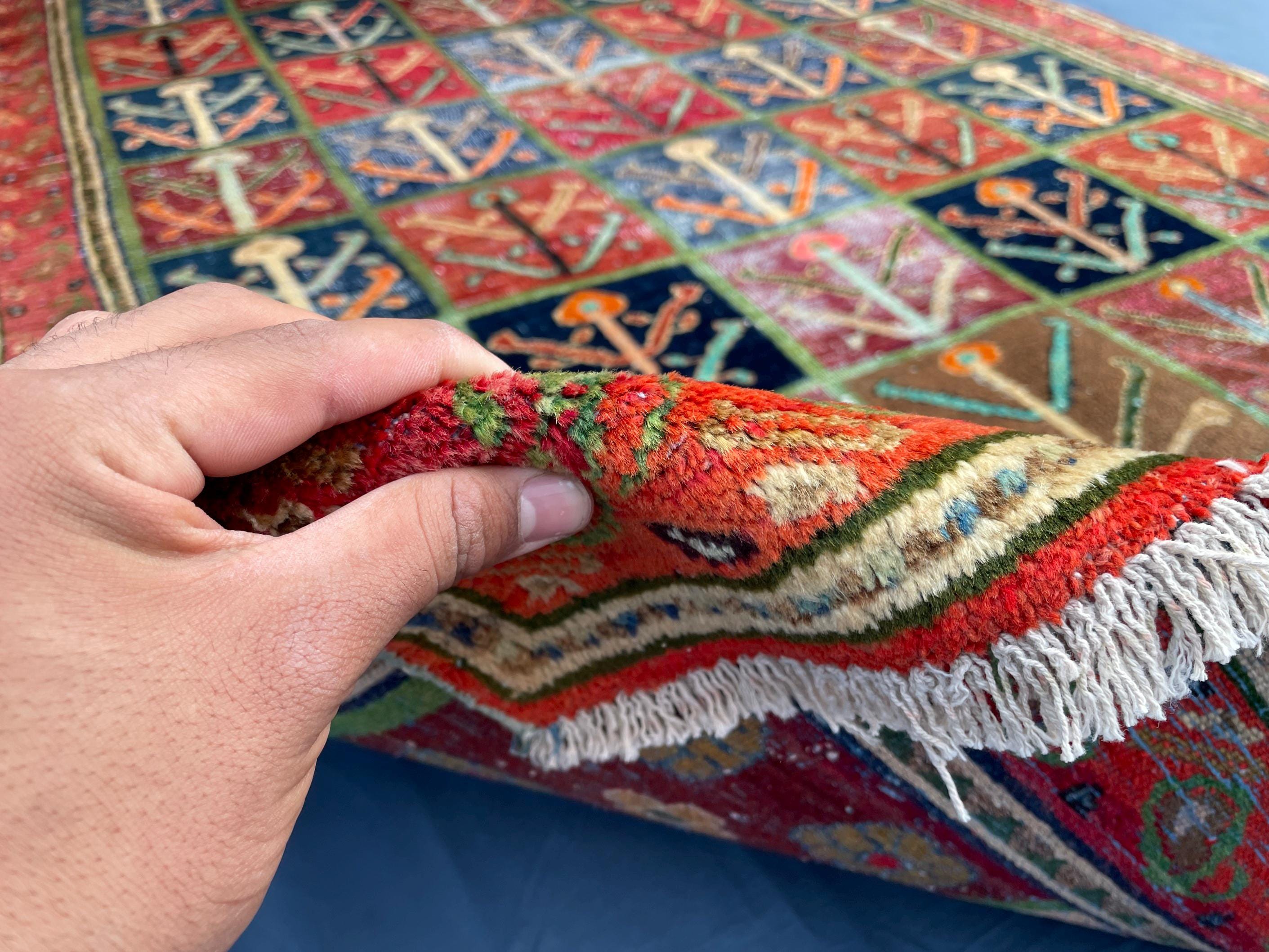 4x6 Caucasian Antique Wool Rug, Handmade Geometric Carpet for Living Room