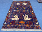 Vintage Animal Motif Rug 4x7 ft, Handmade Tribal Rug, Deep Blue Persian Style Carpet
