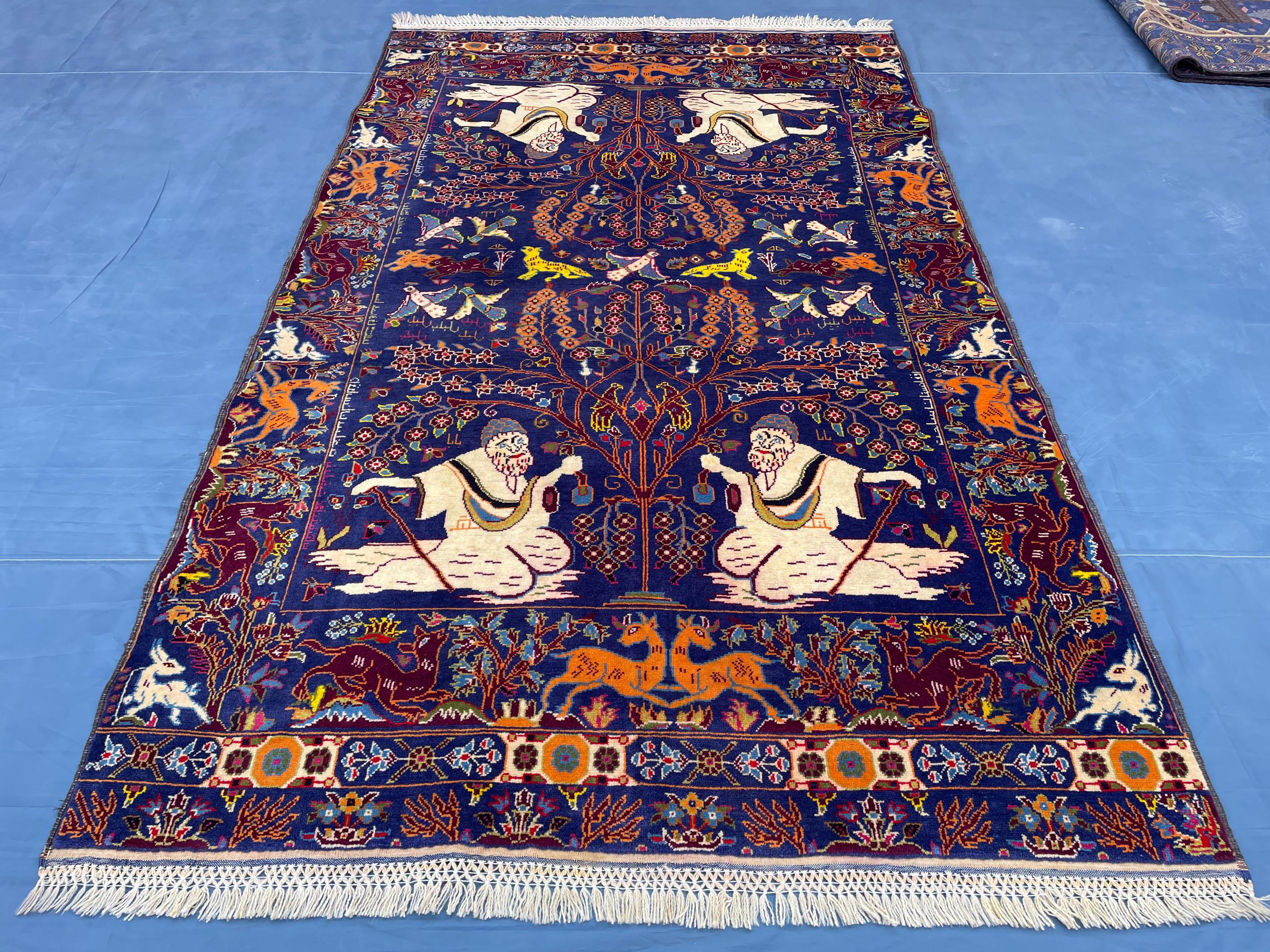 Vintage Animal Motif Rug 4x7 ft, Handmade Tribal Rug, Deep Blue Persian Style Carpet
