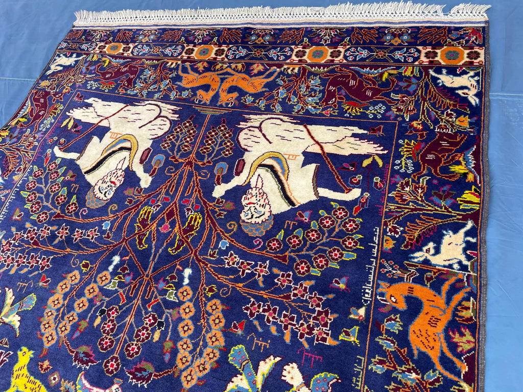 Vintage Animal Motif Rug 4x7 ft, Handmade Tribal Rug, Deep Blue Persian Style Carpet