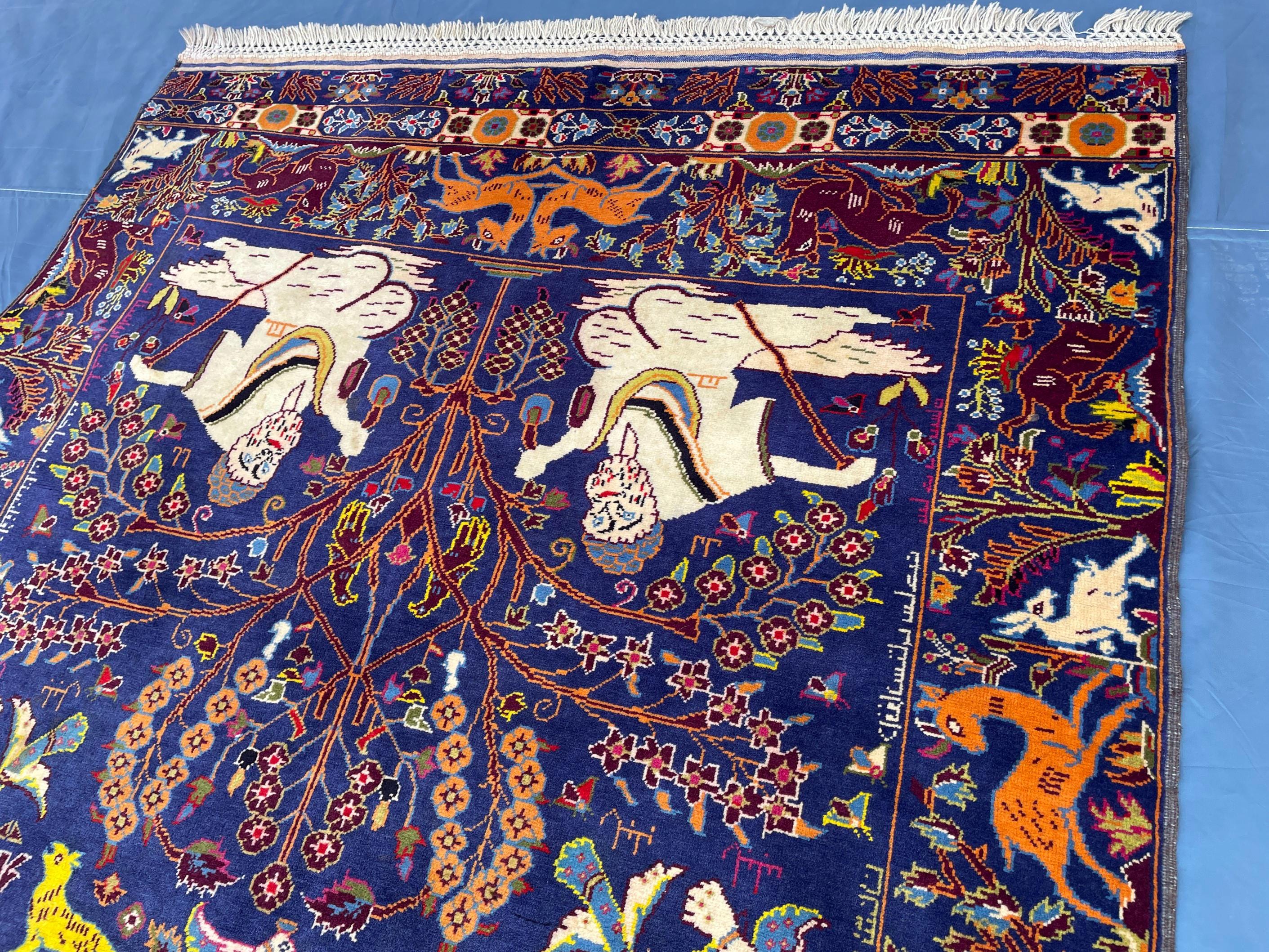 Vintage Animal Motif Rug 4x7 ft, Handmade Tribal Rug, Deep Blue Persian Style Carpet