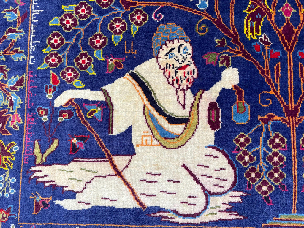 Vintage Animal Motif Rug 4x7 ft, Handmade Tribal Rug, Deep Blue Persian Style Carpet