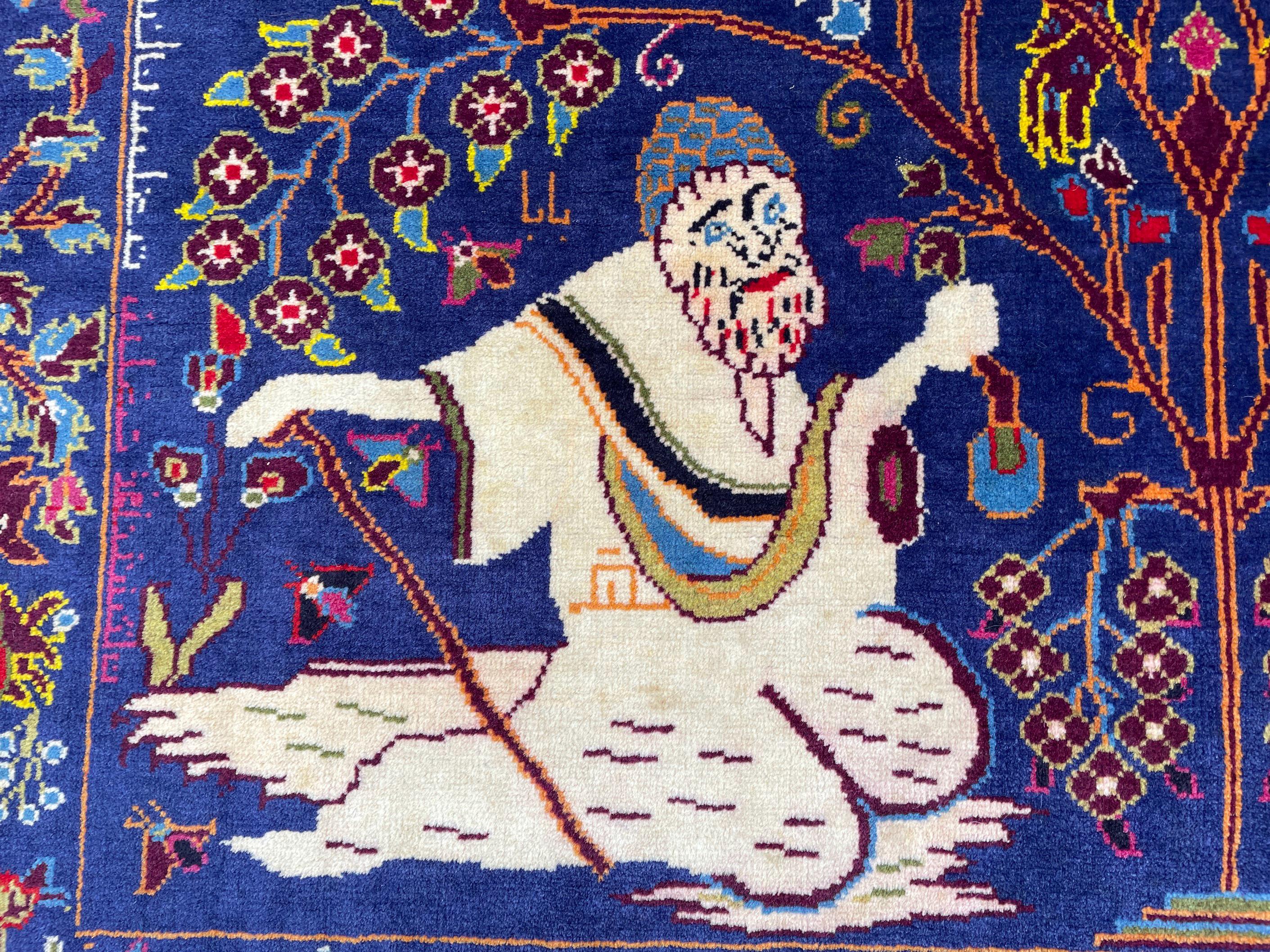Vintage Animal Motif Rug 4x7 ft, Handmade Tribal Rug, Deep Blue Persian Style Carpet
