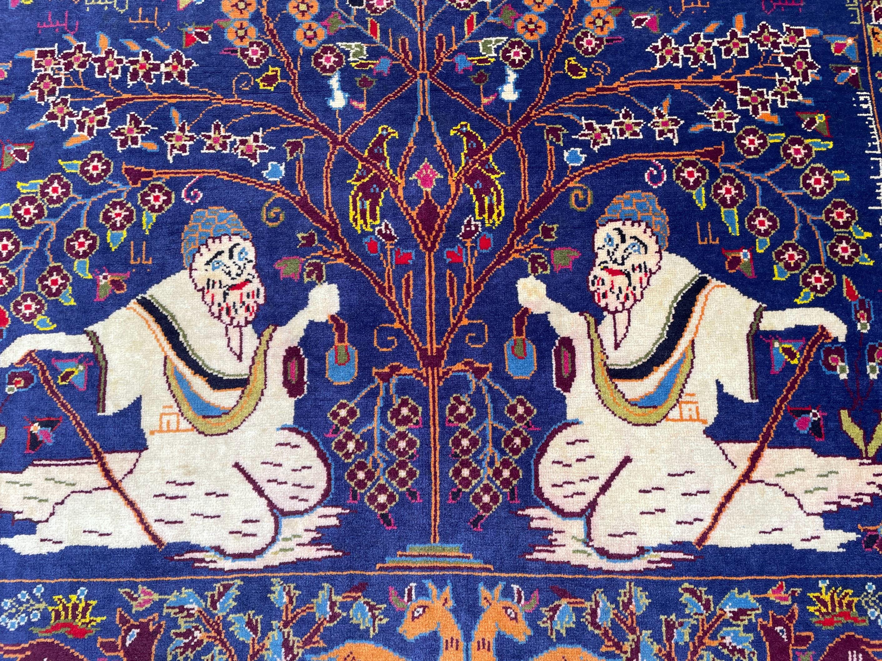 Vintage Animal Motif Rug 4x7 ft, Handmade Tribal Rug, Deep Blue Persian Style Carpet