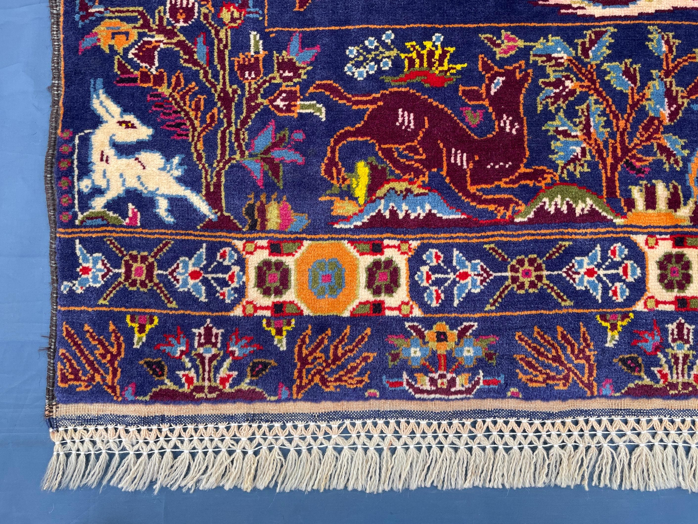 Vintage Animal Motif Rug 4x7 ft, Handmade Tribal Rug, Deep Blue Persian Style Carpet