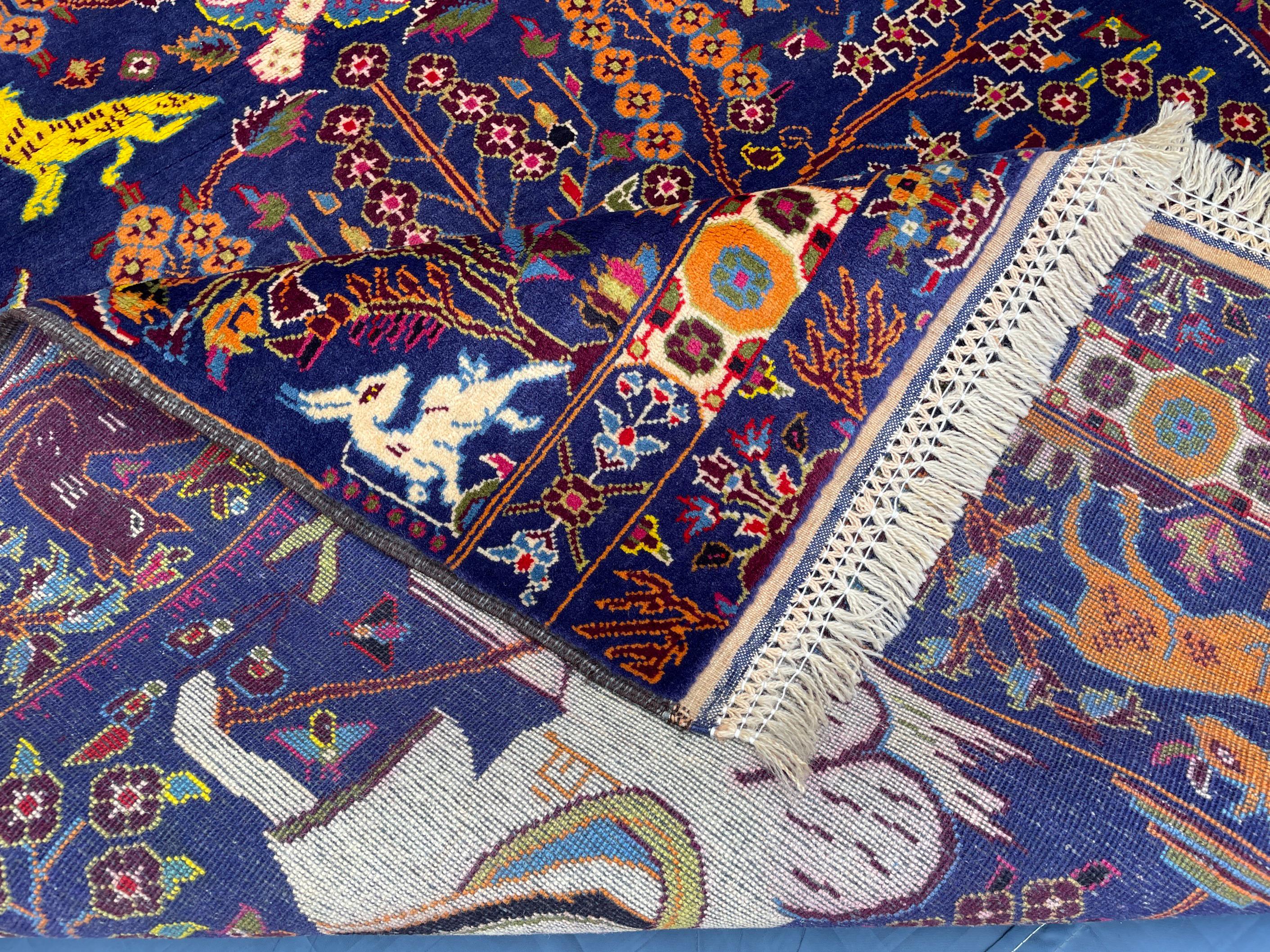 Vintage Animal Motif Rug 4x7 ft, Handmade Tribal Rug, Deep Blue Persian Style Carpet
