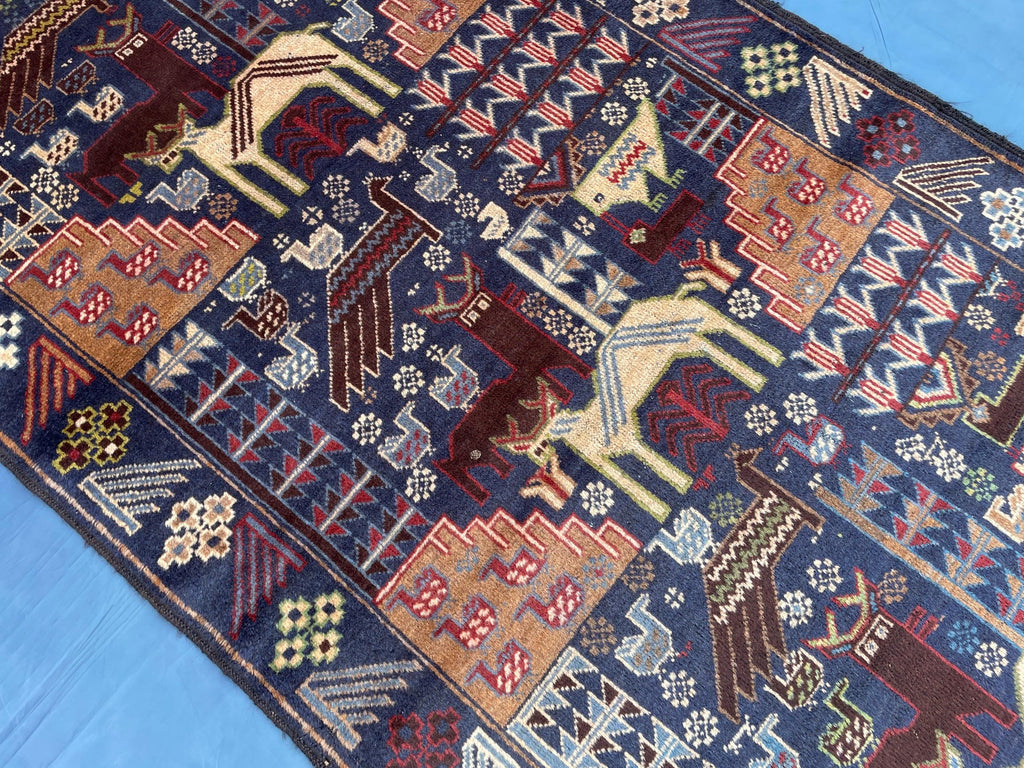 Vintage 4x7 ft Animal Motif Rug, Handmade Blue Tribal Carpet