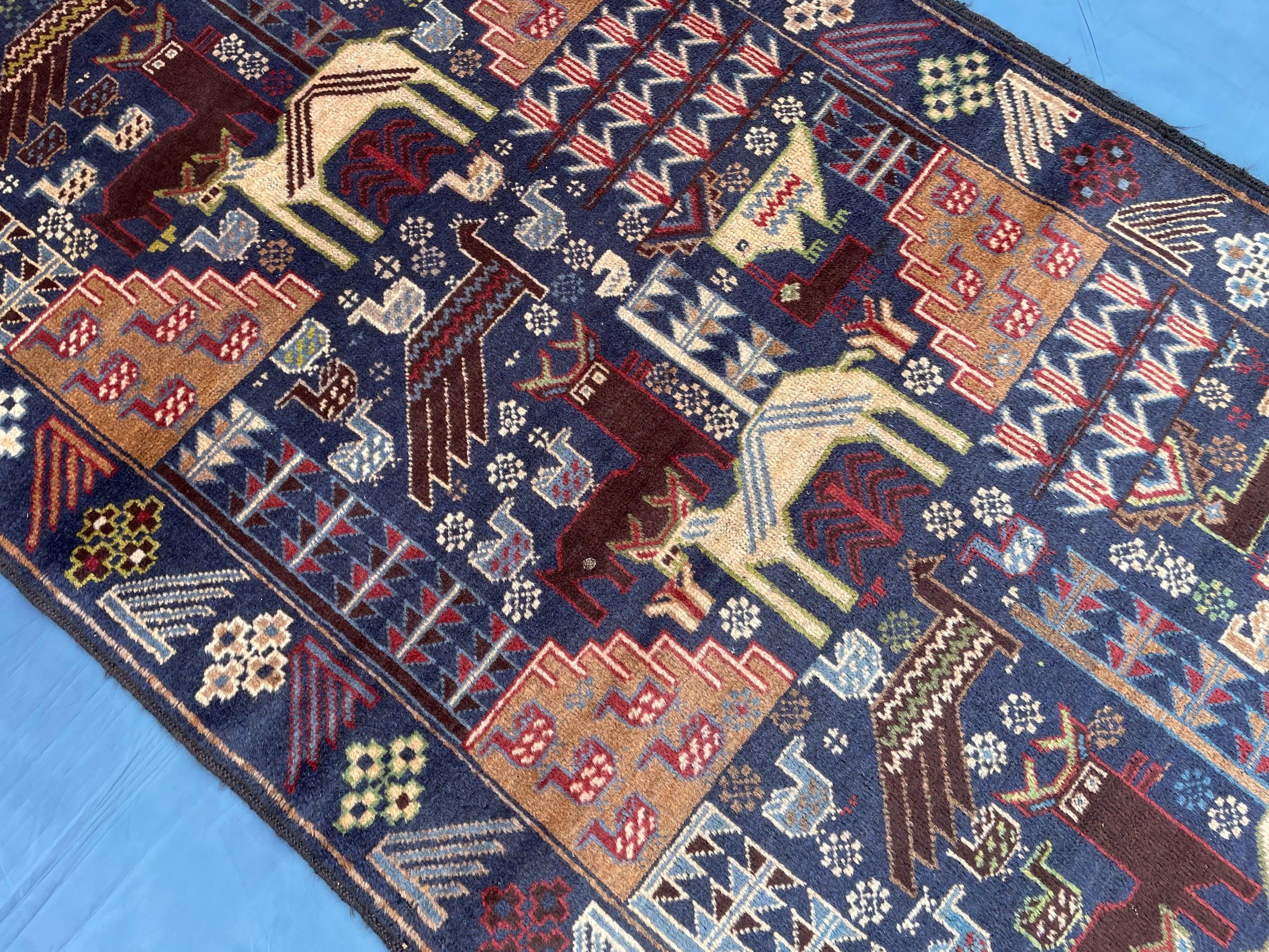 Vintage 4x7 ft Animal Motif Rug, Handmade Blue Tribal Carpet