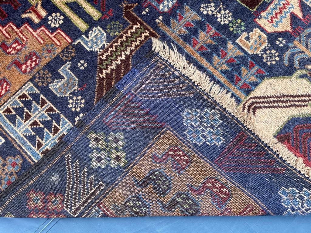 Vintage 4x7 ft Animal Motif Rug, Handmade Blue Tribal Carpet