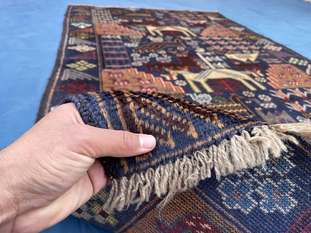 Vintage 4x7 ft Animal Motif Rug, Handmade Blue Tribal Carpet