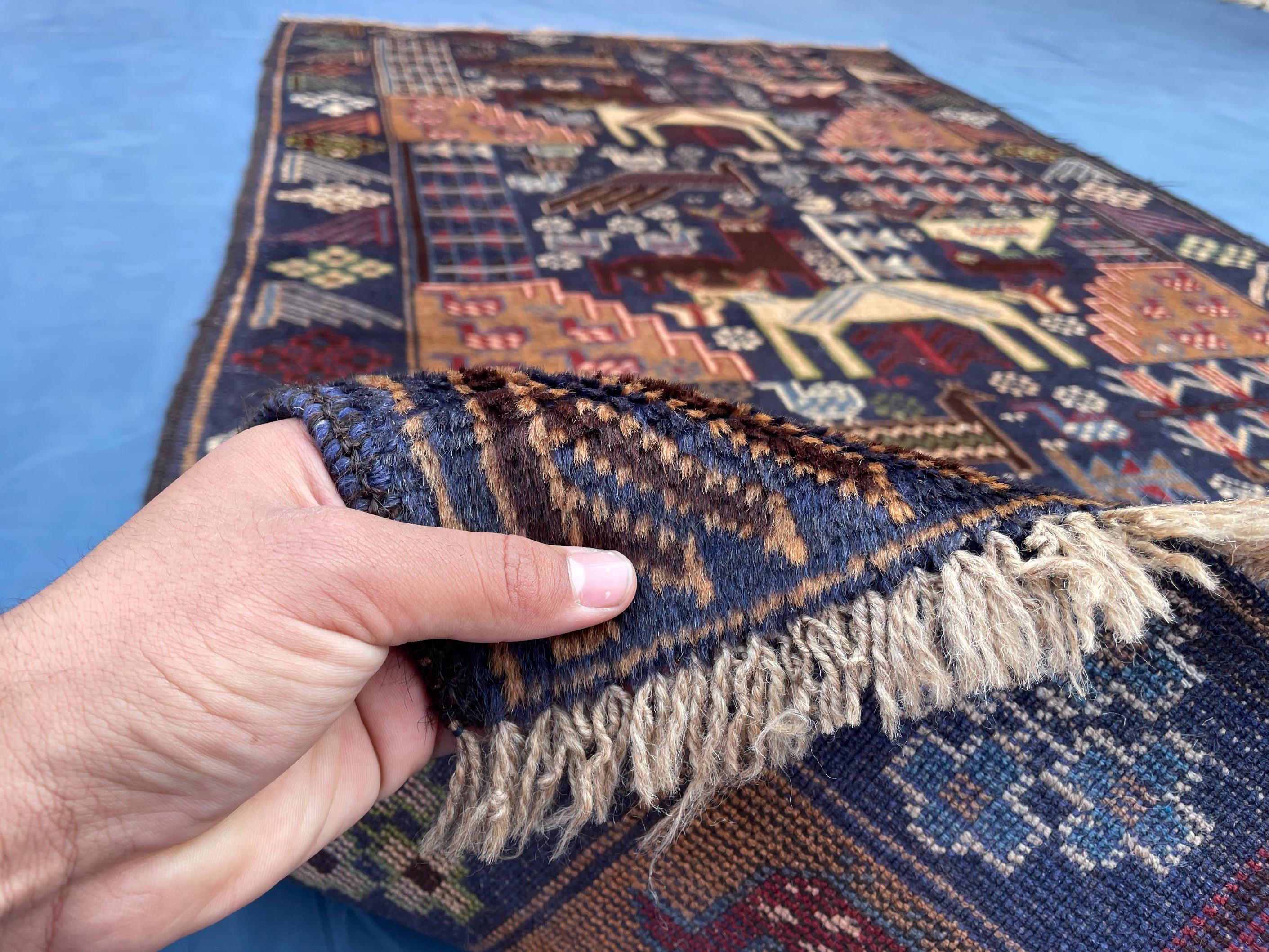 Vintage 4x7 ft Animal Motif Rug, Handmade Blue Tribal Carpet