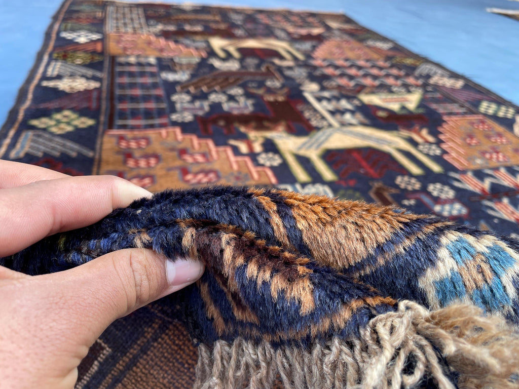 Vintage 4x7 ft Animal Motif Rug, Handmade Blue Tribal Carpet
