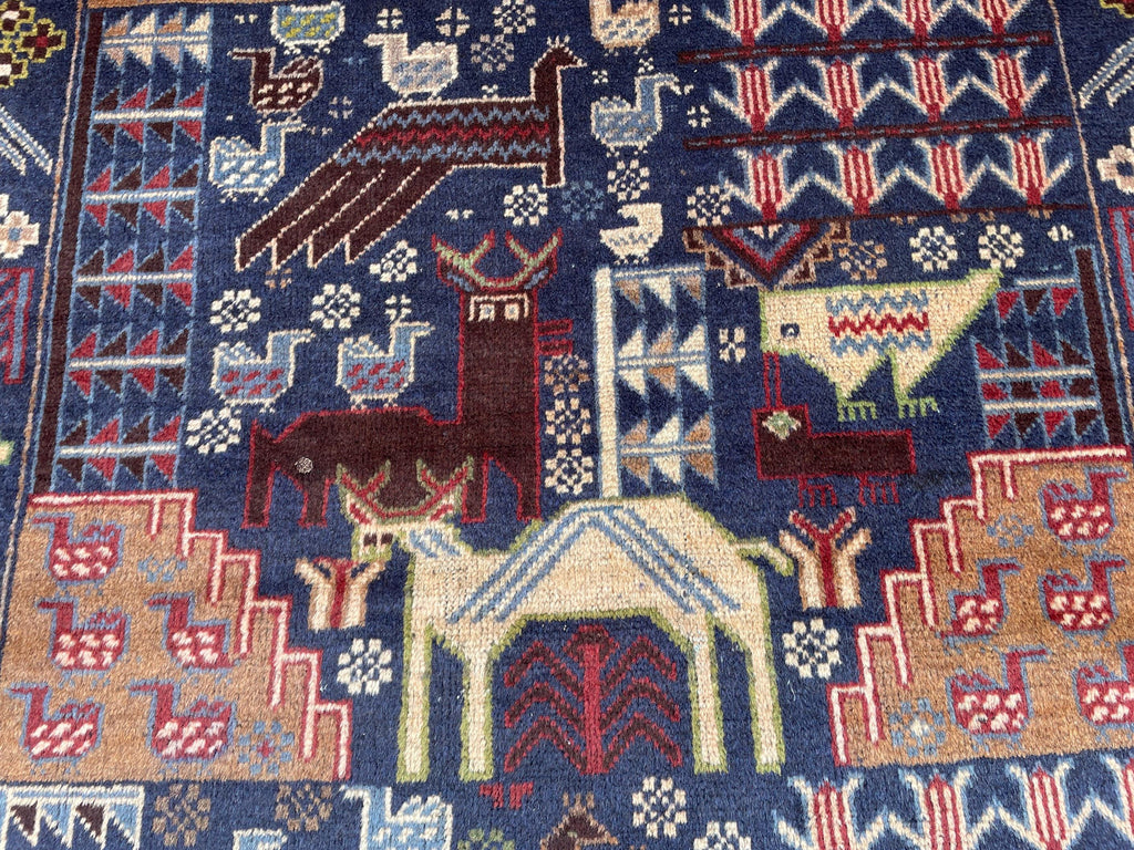 Vintage 4x7 ft Animal Motif Rug, Handmade Blue Tribal Carpet
