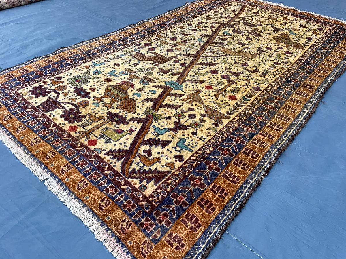 3x6 Pictorial Hallway Rug, Handmade Afghan Wool Vintage Carpet, Boho Home Decor