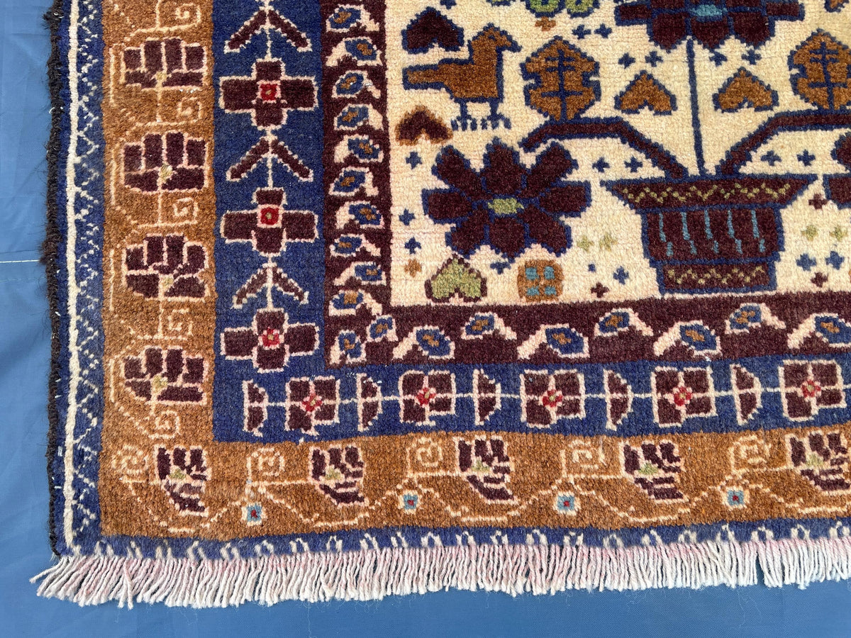 3x6 Pictorial Hallway Rug, Handmade Afghan Wool Vintage Carpet, Boho Home Decor