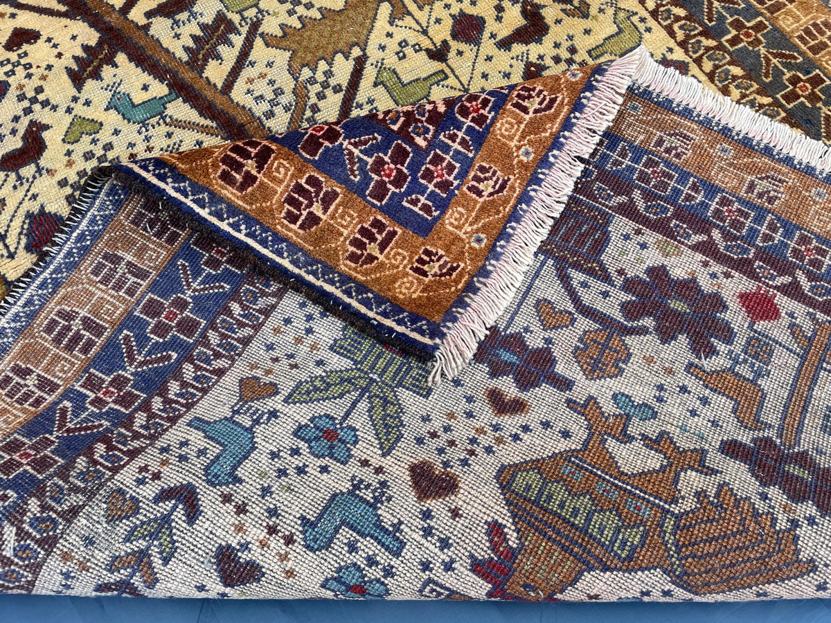 3x6 Pictorial Hallway Rug, Handmade Afghan Wool Vintage Carpet, Boho Home Decor