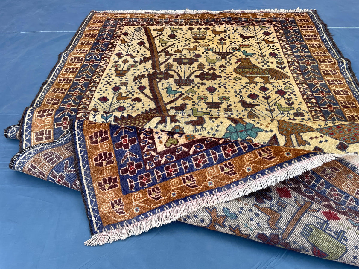 3x6 Pictorial Hallway Rug, Handmade Afghan Wool Vintage Carpet, Boho Home Decor