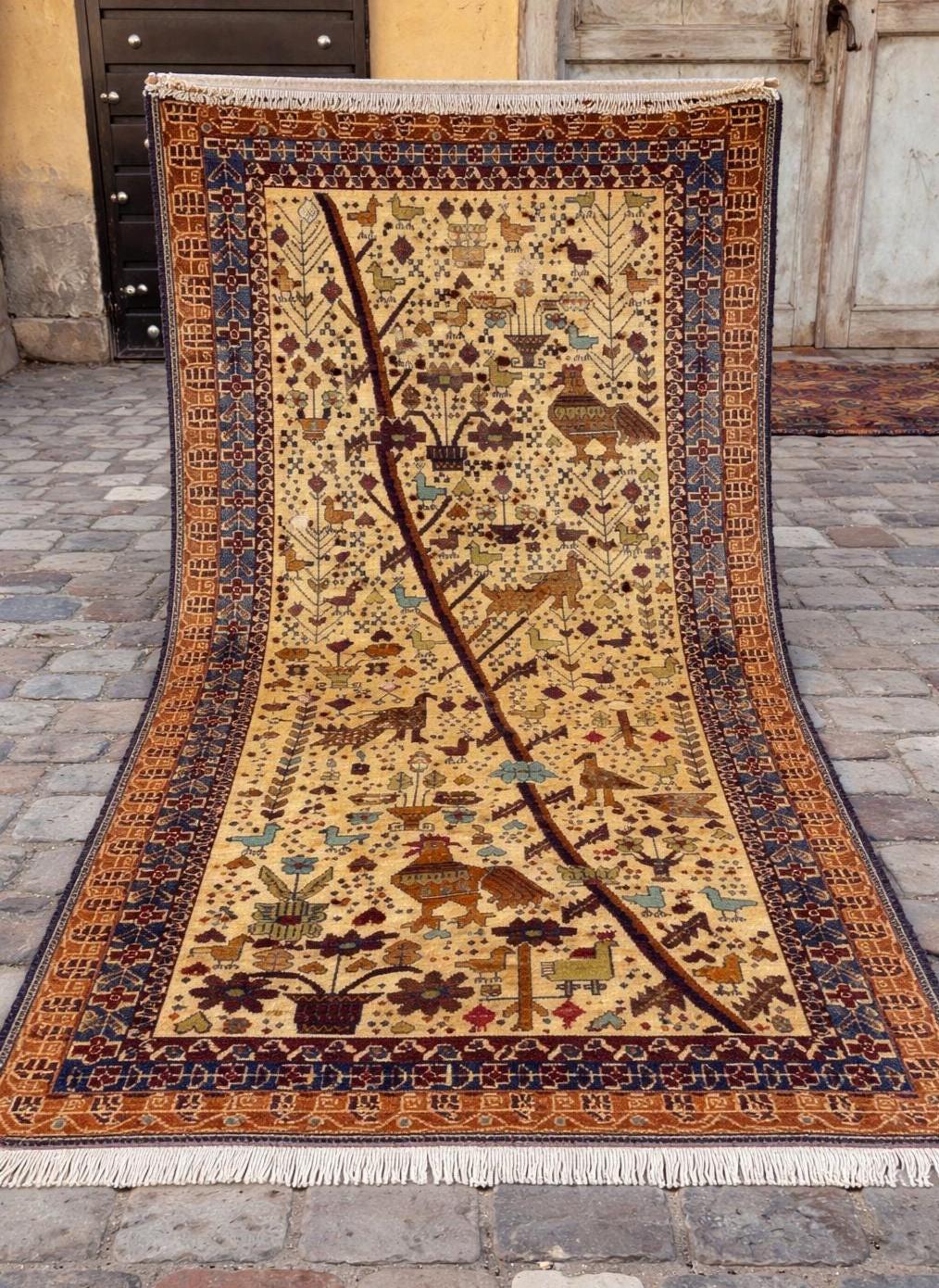 3x6 Pictorial Hallway Rug, Handmade Afghan Wool Vintage Carpet, Boho Home Decor