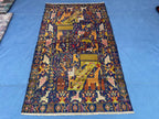 Vintage 4x7 ft Pictorial Tribal Rug, Deep Blue Animal Scene Carpet, Handwoven Folk Art