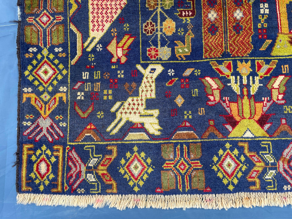 Vintage 4x7 ft Pictorial Tribal Rug, Deep Blue Animal Scene Carpet, Handwoven Folk Art