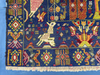 Vintage 4x7 ft Pictorial Tribal Rug, Deep Blue Animal Scene Carpet, Handwoven Folk Art