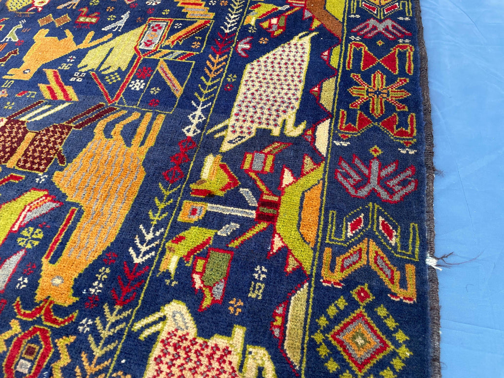 Vintage 4x7 ft Pictorial Tribal Rug, Deep Blue Animal Scene Carpet, Handwoven Folk Art