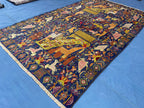 Vintage 4x7 ft Pictorial Tribal Rug, Deep Blue Animal Scene Carpet, Handwoven Folk Art
